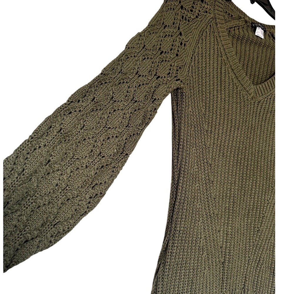 Venus Olive Green Bishop Crochet‎ Sleeve V-neck Cozy Chunky Winter Size S